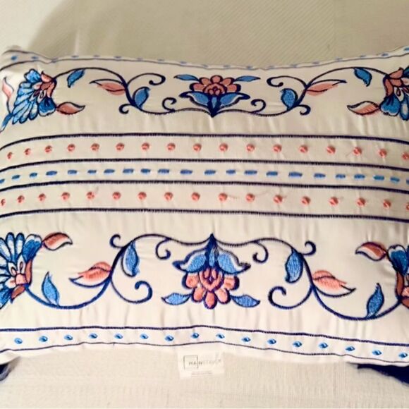 Mainstays Throw Pillow White w Blue/Pink Embroidery Approximately 16”x12”. - Picture 4 of 5